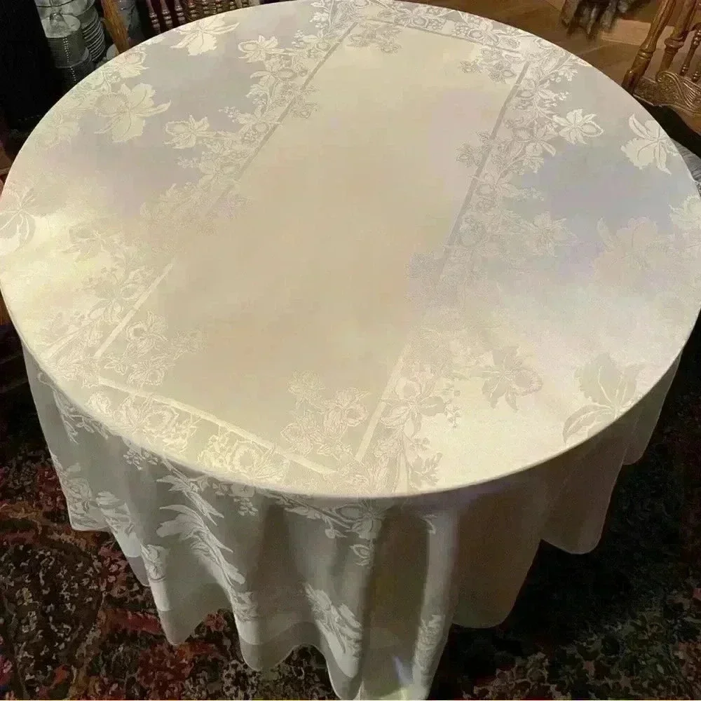 Vintage Ivory Damask Rectangular Tablecloth | Floral Jacquard Elegant Wedding